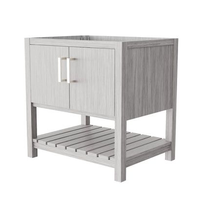 30-inch Storm Grey bath vanity by Novatto, featuring a modern design and sleek finish, shown with faucet and storage compartments.