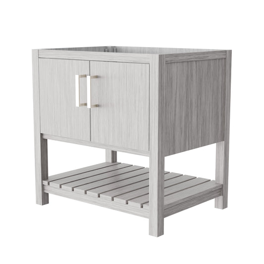 30-inch Storm Grey bath vanity by Novatto, featuring a modern design and sleek finish, shown with faucet and storage compartments.