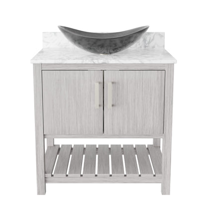 30-inch Novatto bathroom vanity with Carrara white marble counter and sink, showcasing elegant modern bathroom accessory design.