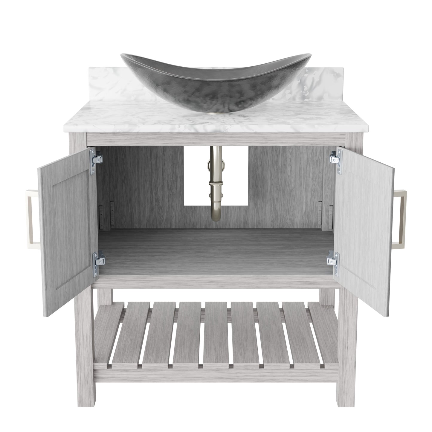 30-inch Novatto bath vanity with Carrara white marble counter and integrated sink, showcasing elegant bathroom accessory design.