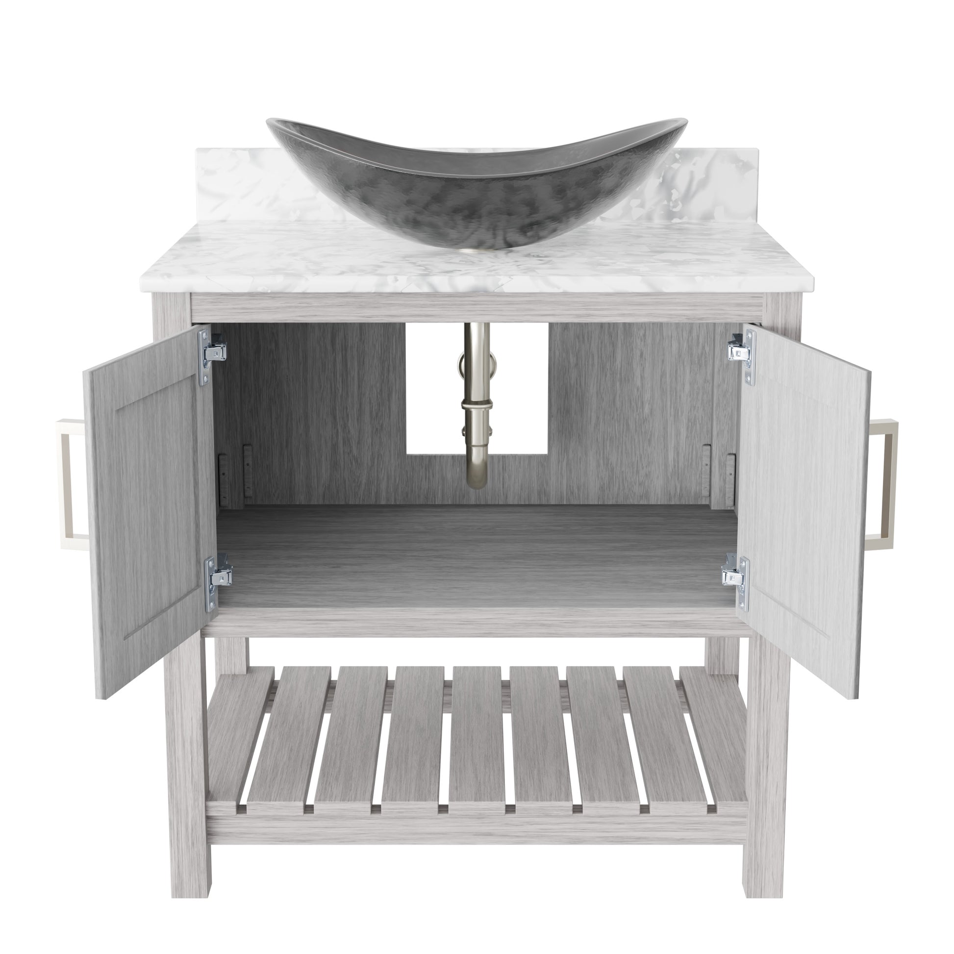 30-inch Novatto bath vanity with Carrara white marble counter and integrated sink, showcasing elegant bathroom accessory design.