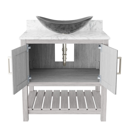 30-inch Novatto bath vanity with Carrara white marble counter and integrated sink, showcasing elegant bathroom accessory design.