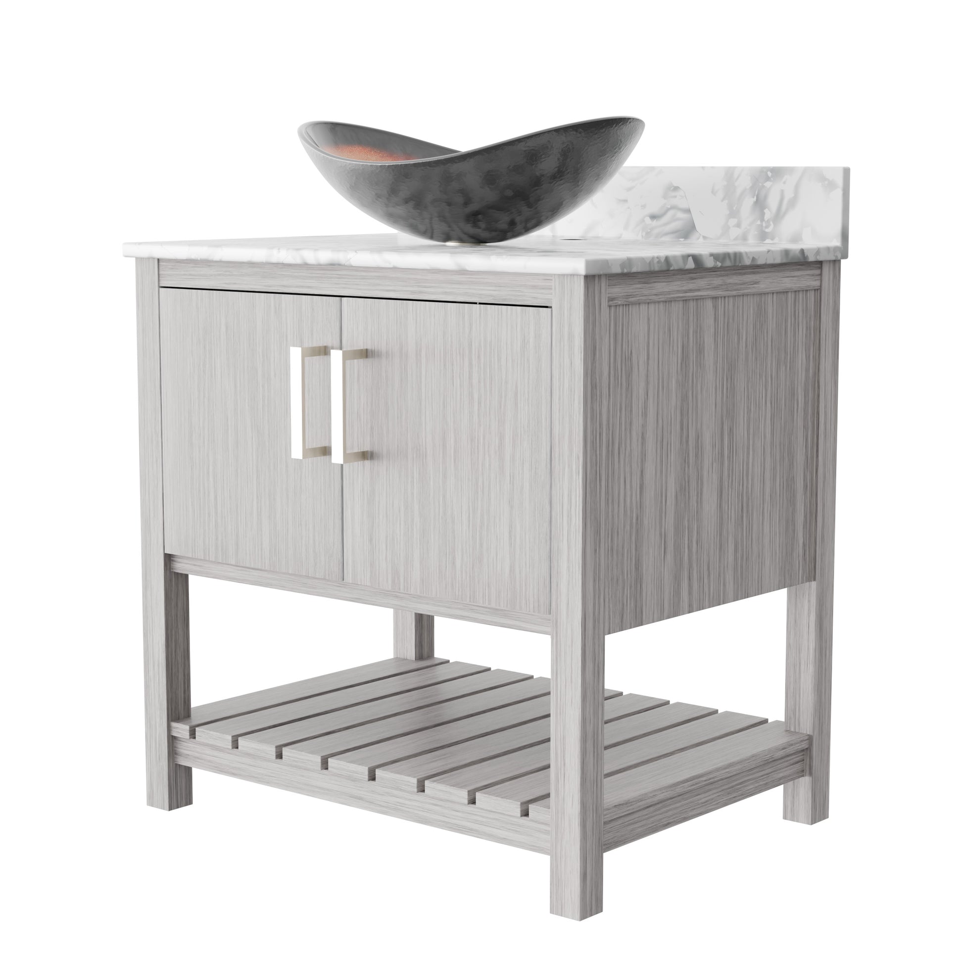 30-inch Novatto bath vanity with Carrara white marble counter and sink, showcasing elegant bathroom accessory design.