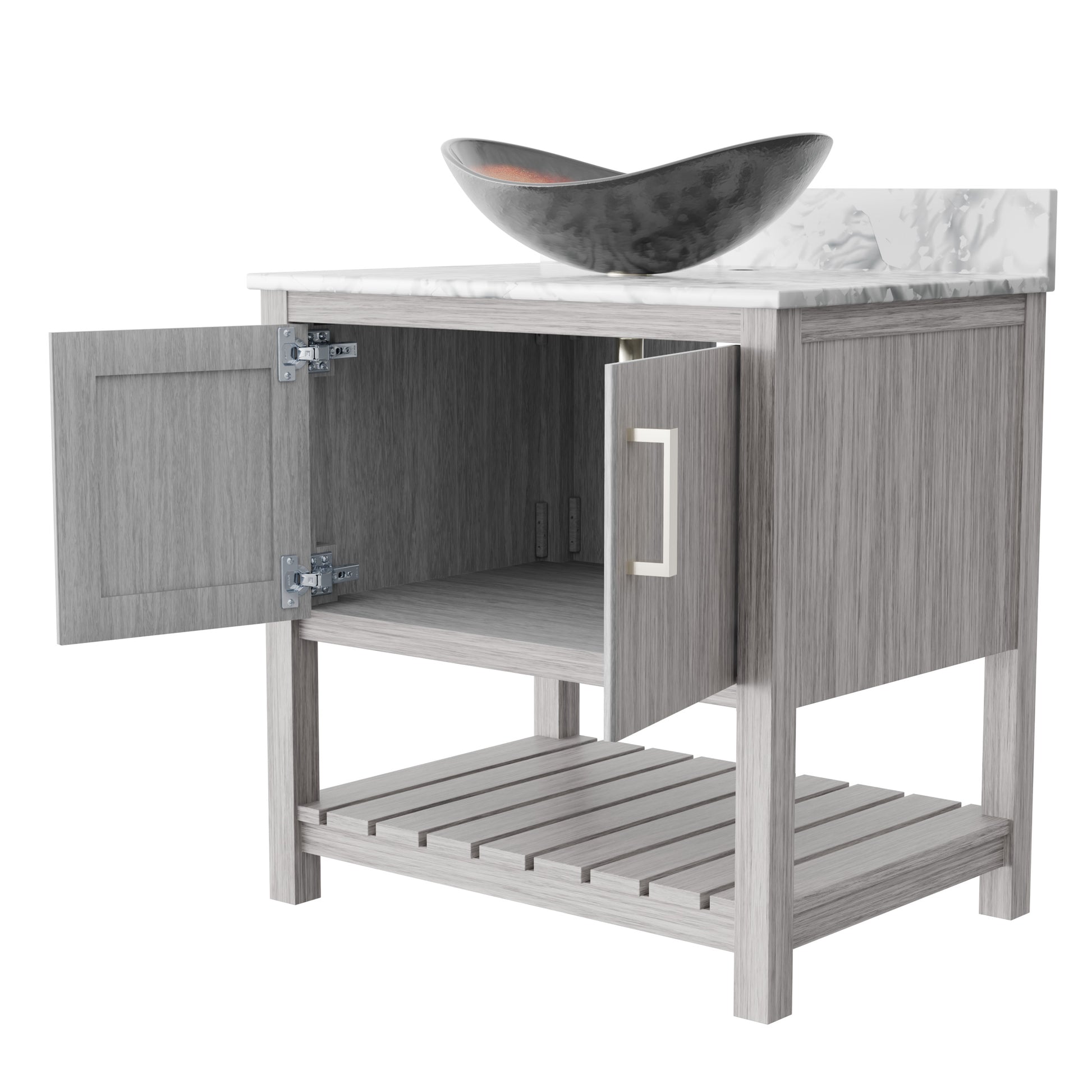 Novatto 30-inch bath vanity with Carrara white marble counter and sink, featuring sleek modern design and elegant surface details.