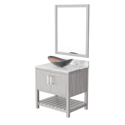 30-inch Novatto bath vanity with Carrara white marble countertop and integrated sink, showcasing elegant bathroom accessory.