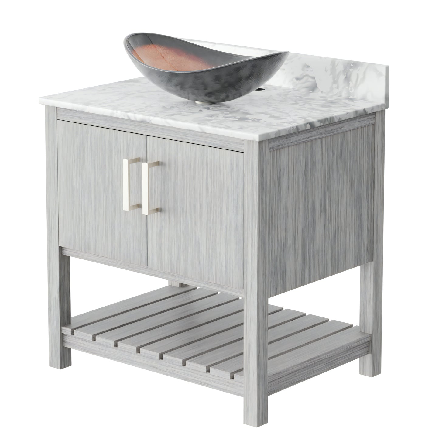 Novatto 30-inch bath vanity with Carrara white marble counter and integrated sink, showcasing modern bathroom accessory design.