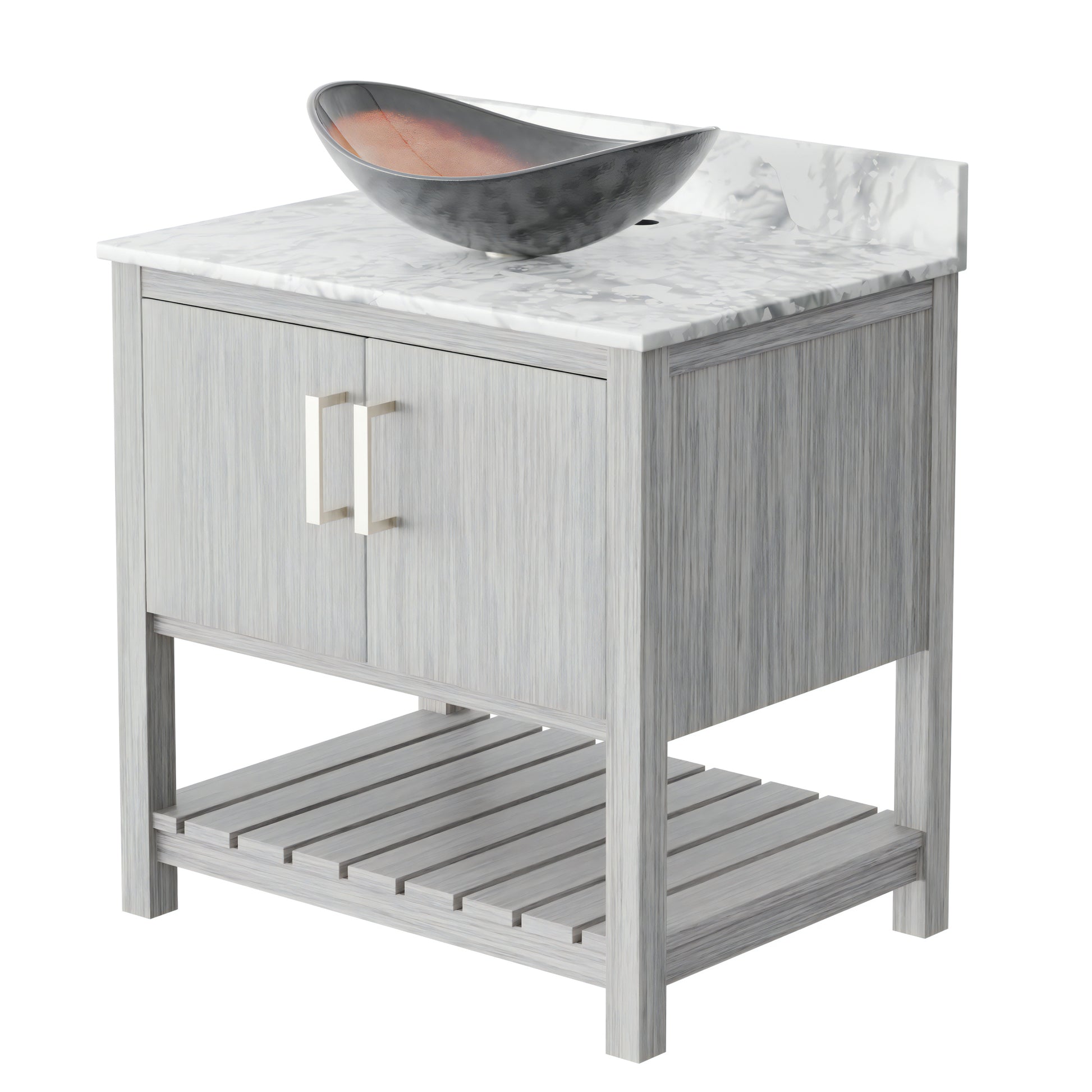 Novatto 30-inch bath vanity with Carrara white marble counter and integrated sink, showcasing modern bathroom accessory design.