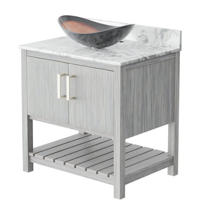 Novatto 30-inch bath vanity with Carrara white marble counter and integrated sink, showcasing modern bathroom accessory design.