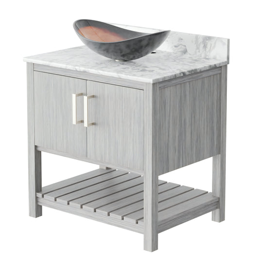 Novatto 30-inch bath vanity with Carrara white marble counter and integrated sink, showcasing modern bathroom accessory design.