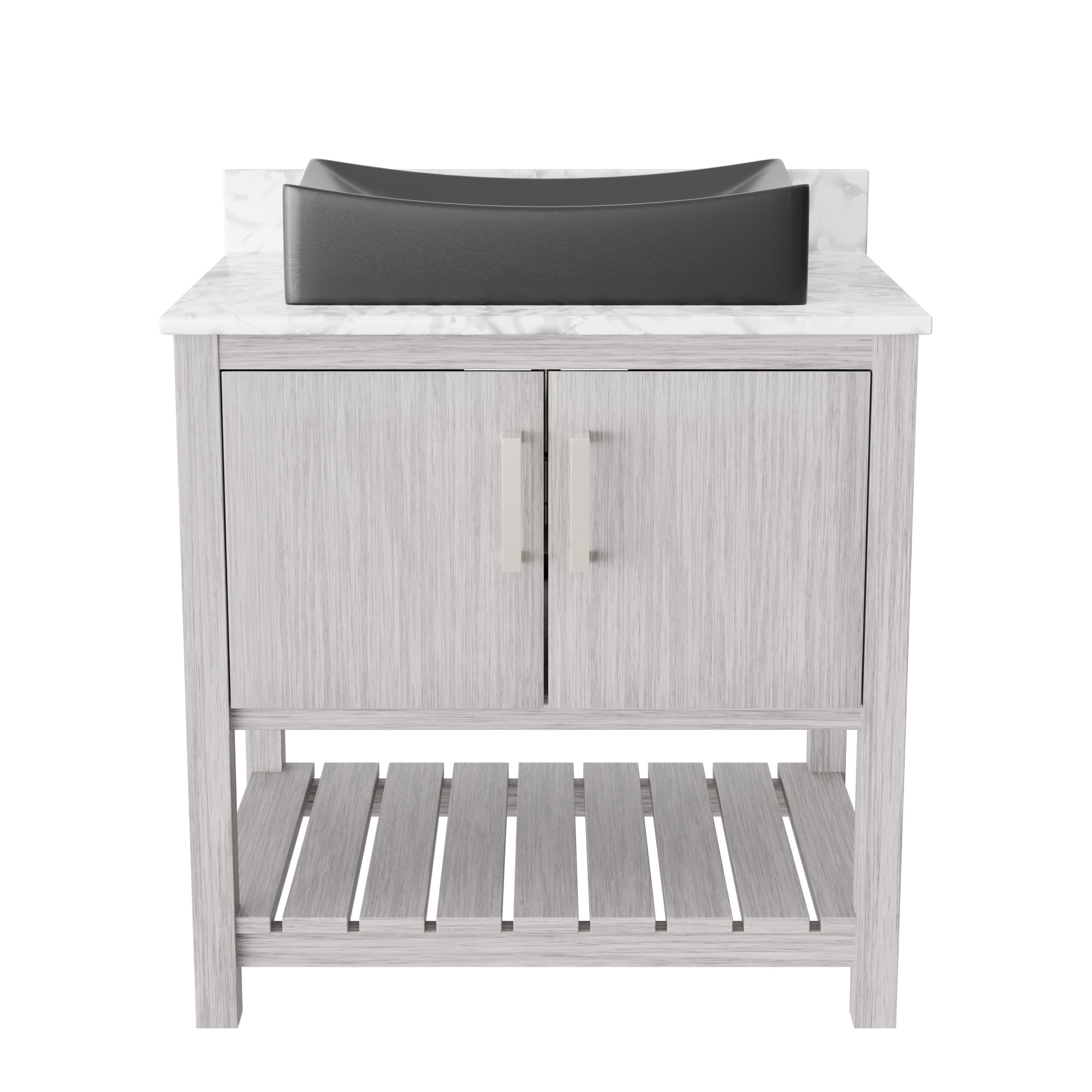 30-inch Novatto bathroom vanity with Carrara white marble countertop and integrated sink, showcasing modern design and high-quality materials.