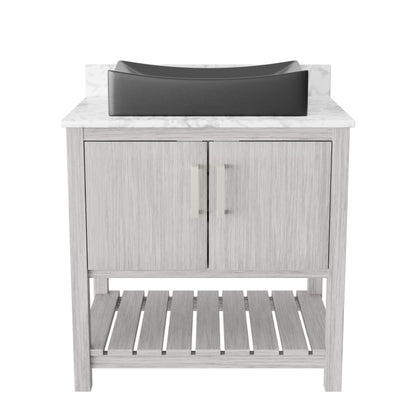 30-inch Novatto bathroom vanity with Carrara white marble countertop and integrated sink, showcasing modern design and high-quality materials.
