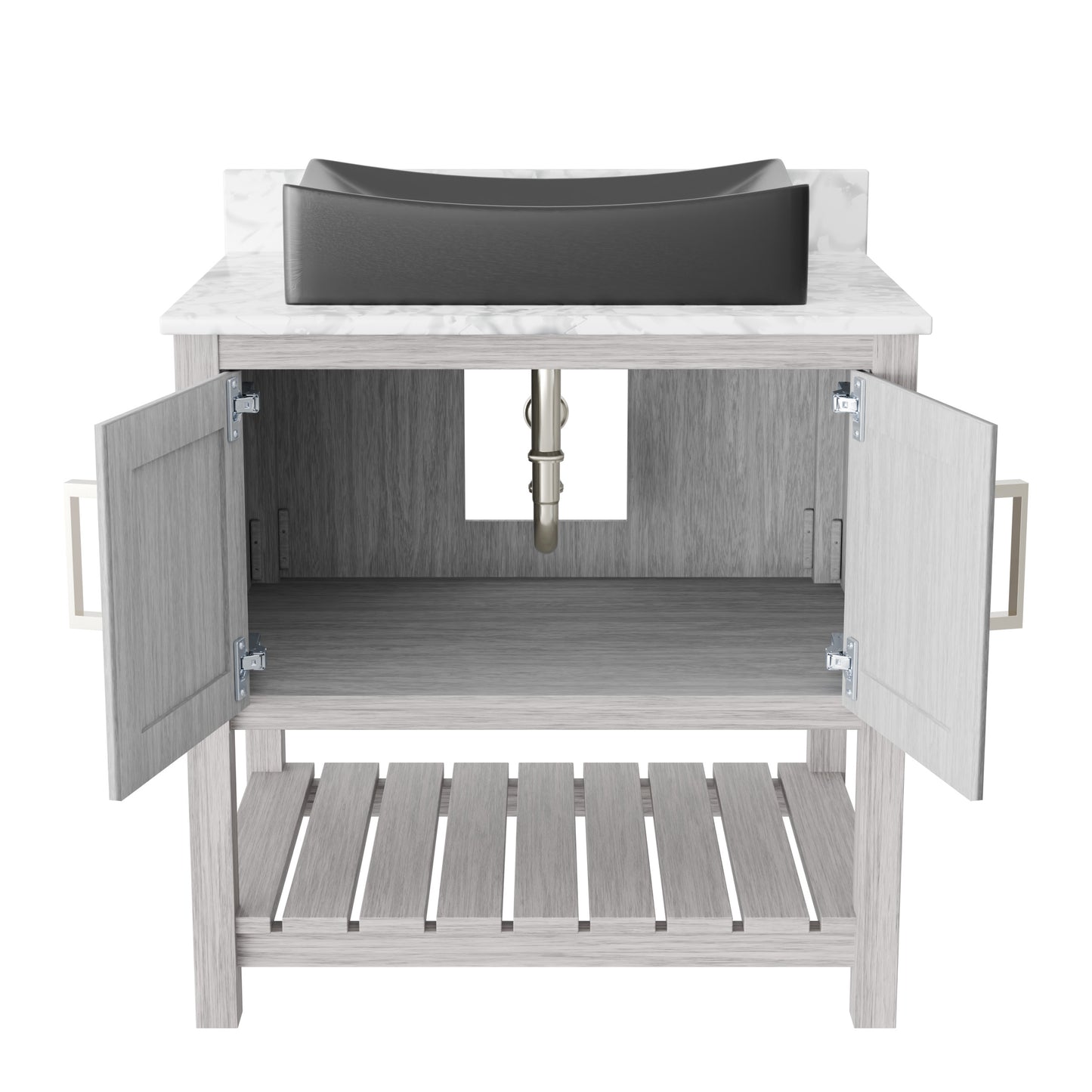 30-inch Novatto bath vanity with Carrara white marble countertop and sink, showcasing elegant design and craftsmanship.