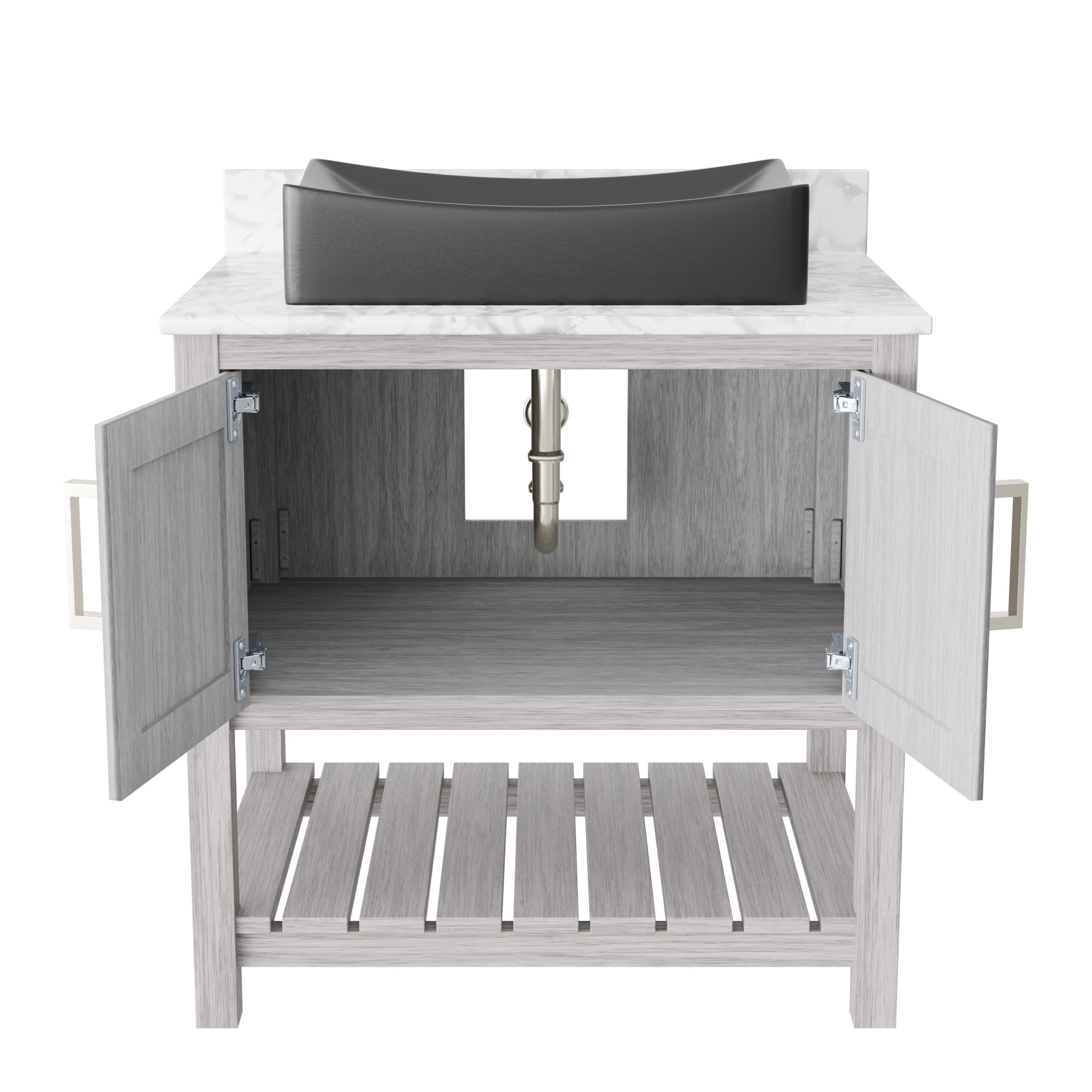 30-inch Novatto bath vanity with Carrara white marble countertop and sink, showcasing elegant design and craftsmanship.