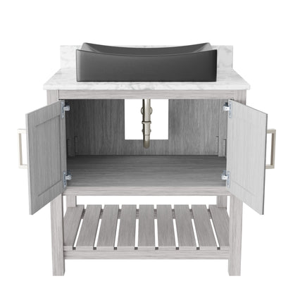 30-inch Novatto bath vanity with Carrara white marble countertop and sink, showcasing elegant design and craftsmanship.