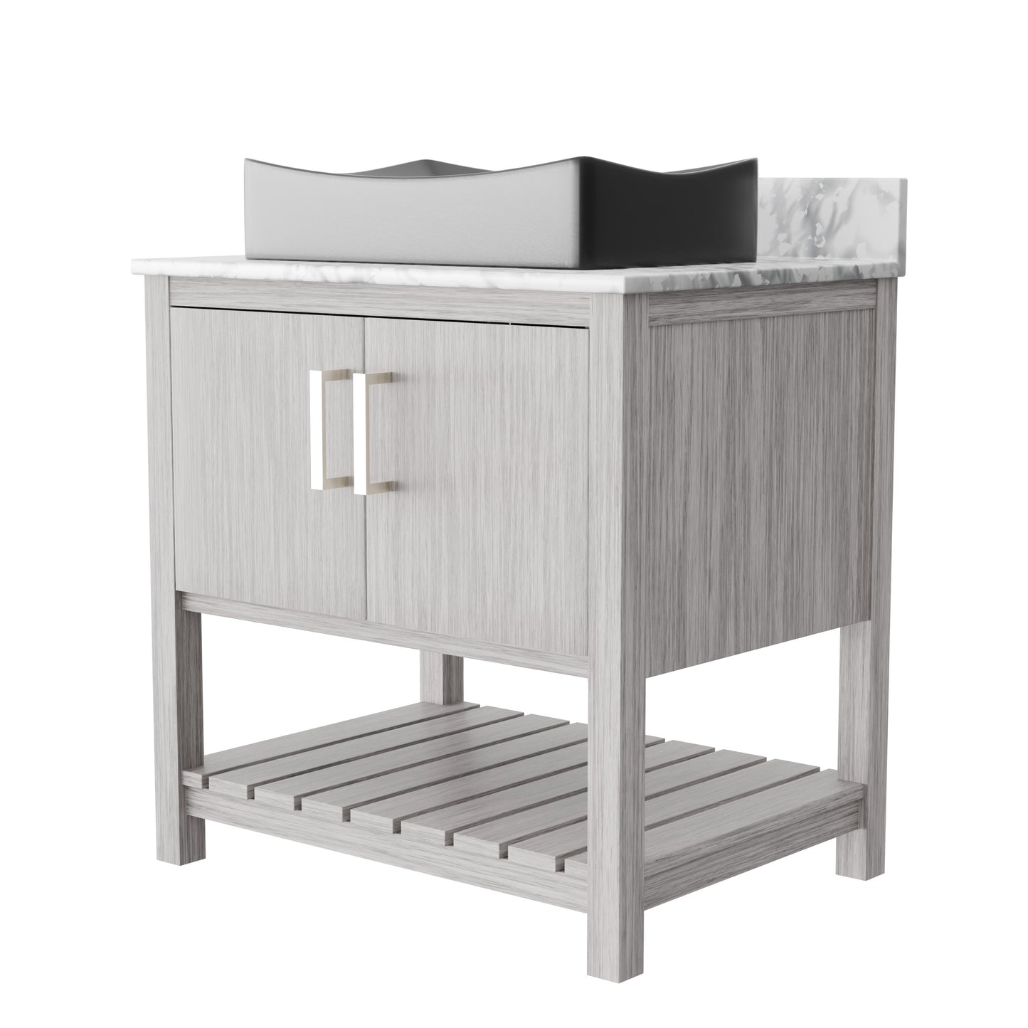 30-inch Novatto bath vanity with Carrara white marble counter and sink, showcasing sleek bathroom accessory design.