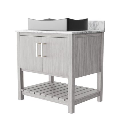 30-inch Novatto bath vanity with Carrara white marble counter and sink, showcasing sleek bathroom accessory design.