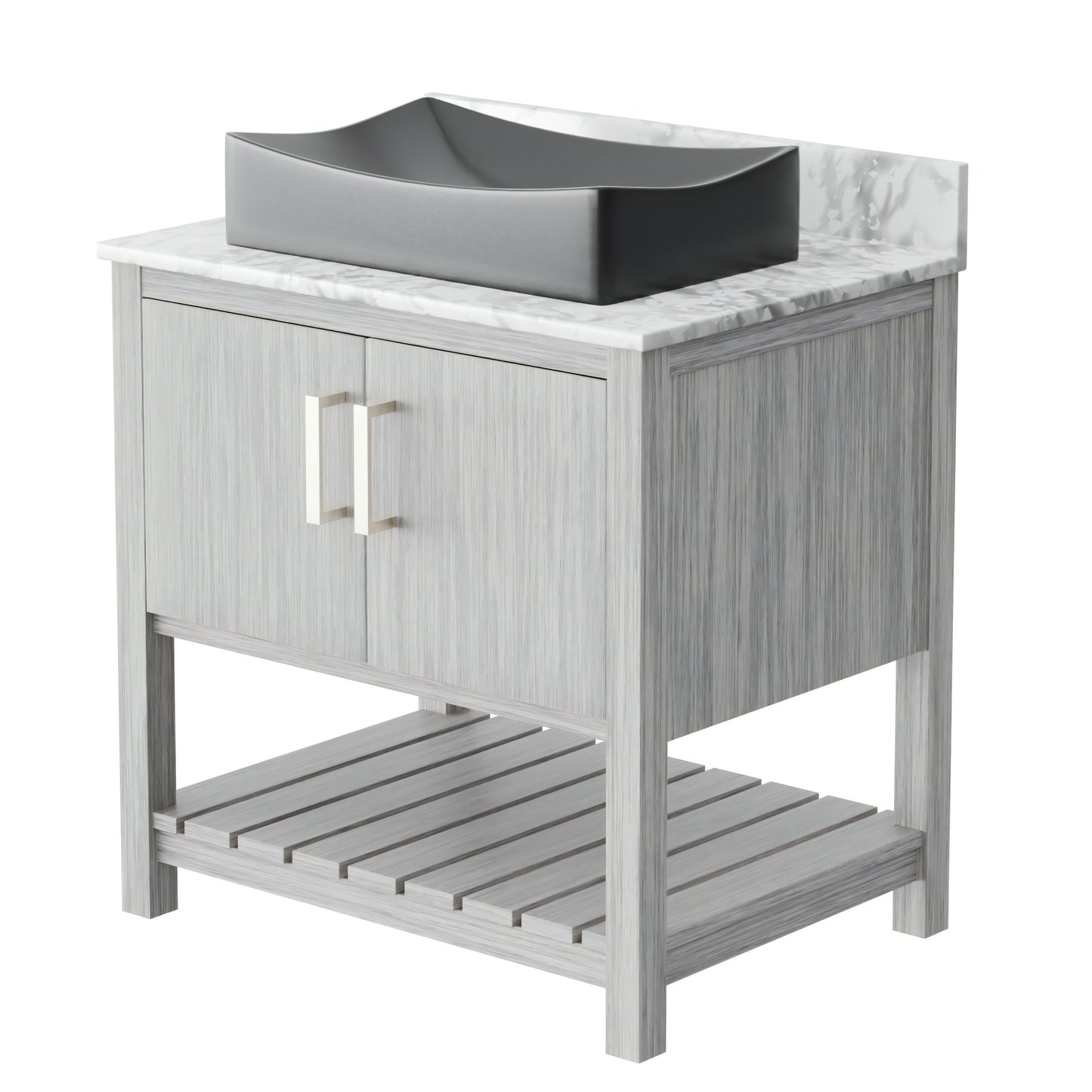 30-inch Novatto bath vanity with Carrara white marble counter and sink, featuring sleek wood cabinetry and modern design.