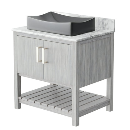 30-inch Novatto bath vanity with Carrara white marble counter and sink, featuring sleek wood cabinetry and modern design.