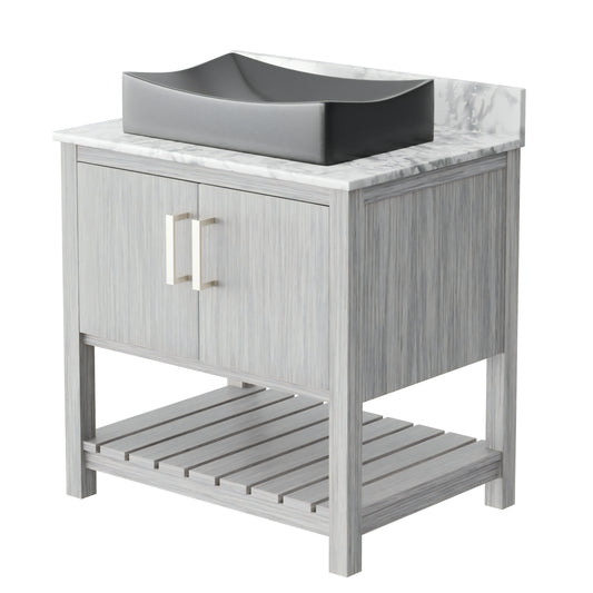 30-inch Novatto bath vanity with Carrara white marble counter and sink, featuring sleek wood cabinetry and modern design.