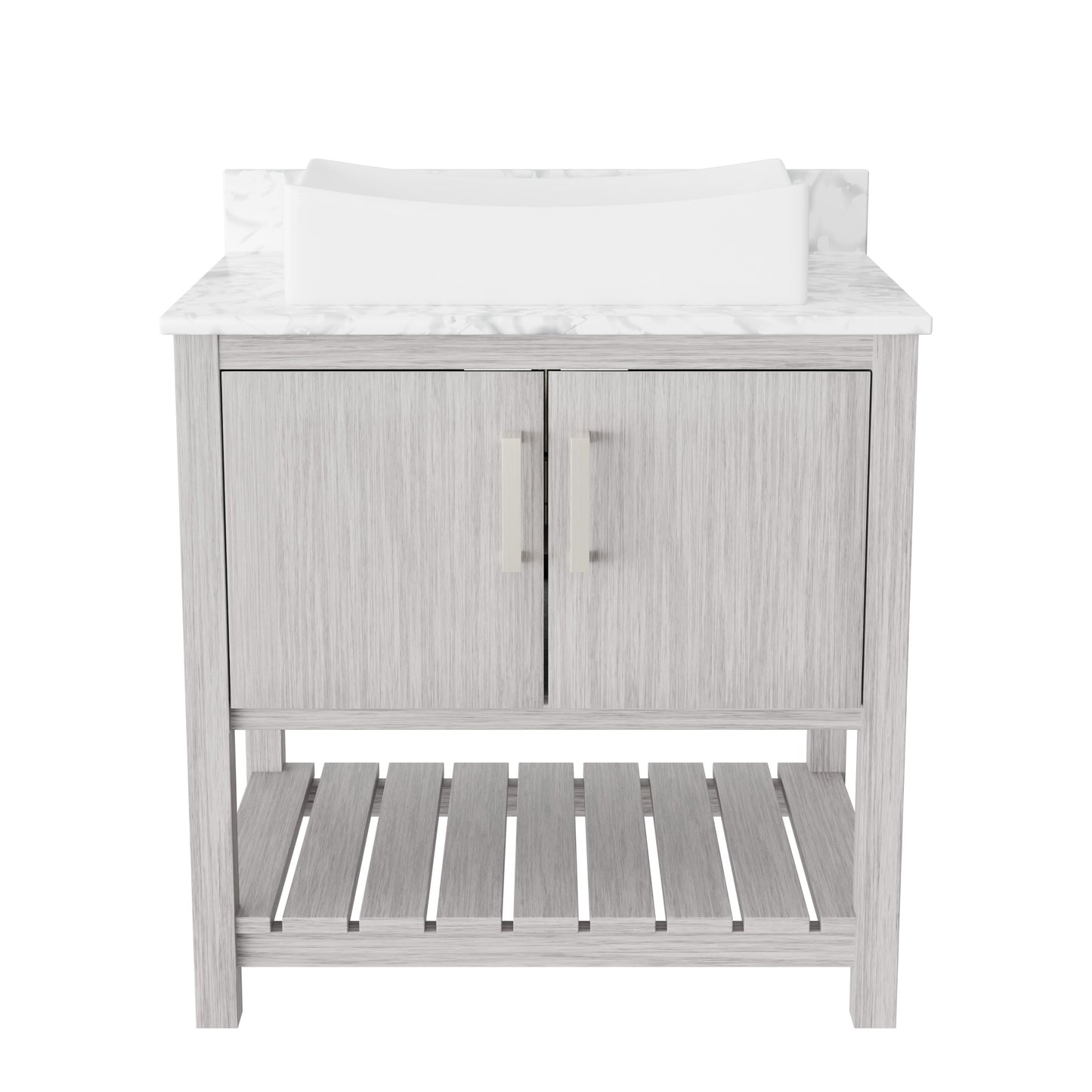30-inch Novatto bath vanity with Carrara white marble countertop and integrated sink, showcasing elegant bathroom accessory design.