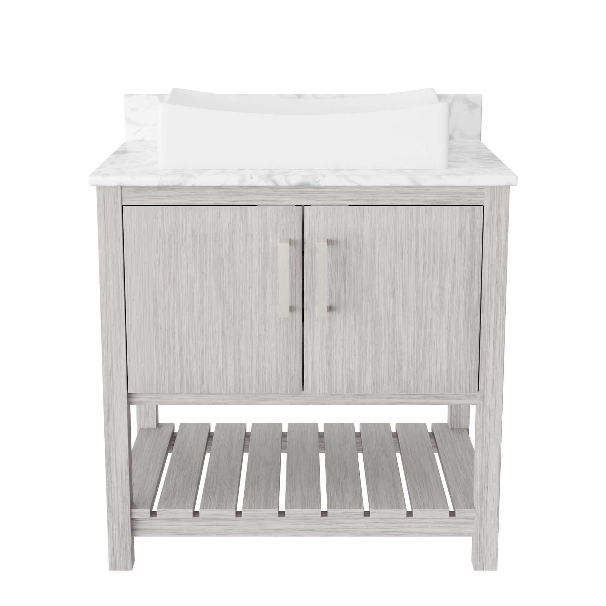 30-inch Novatto bath vanity with Carrara white marble countertop and integrated sink, showcasing elegant bathroom accessory design.