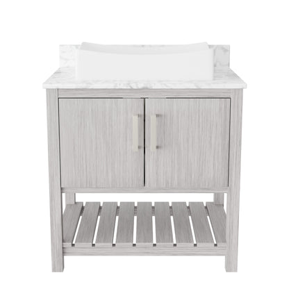 30-inch Novatto bath vanity with Carrara white marble countertop and integrated sink, showcasing elegant bathroom accessory design.