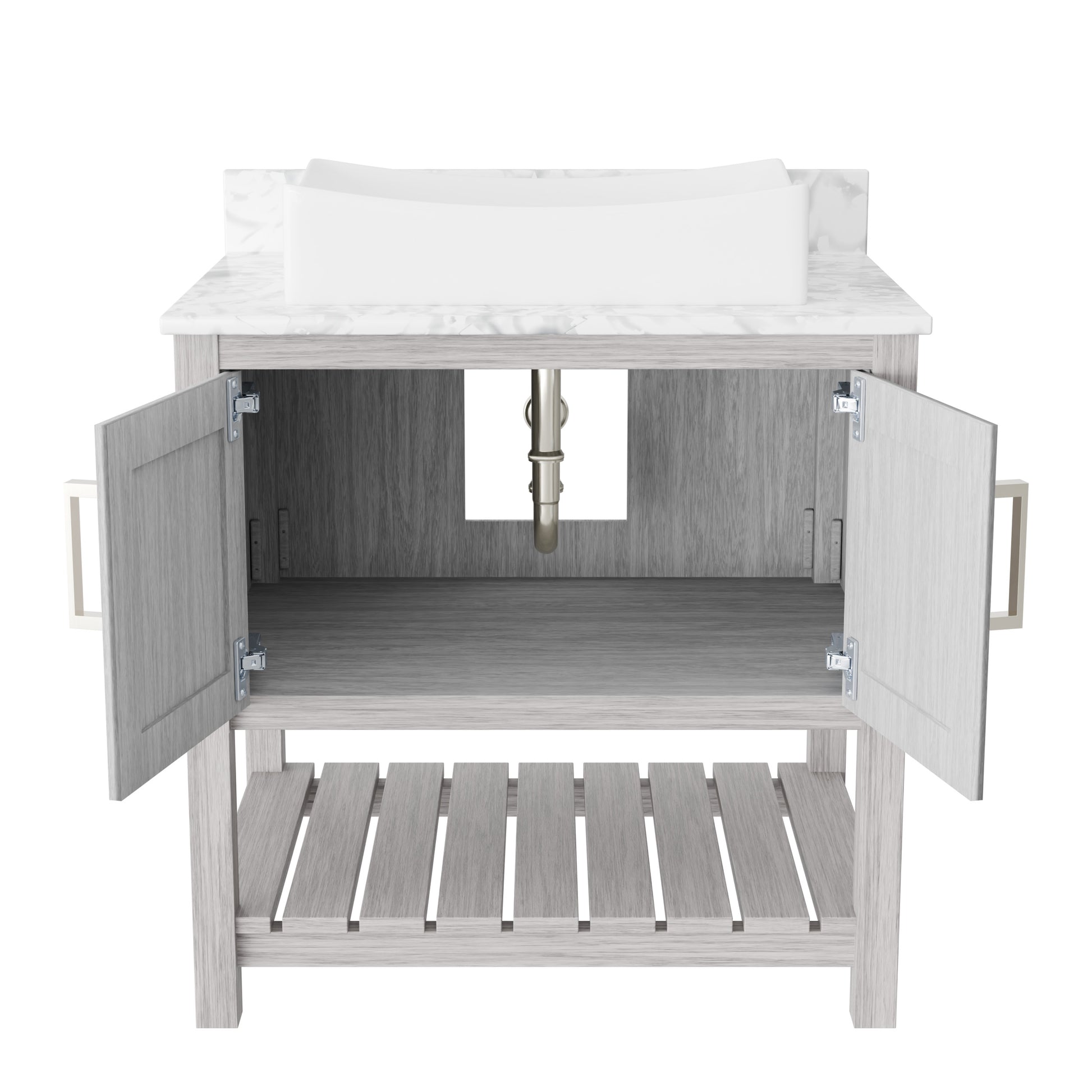 Novatto 30-inch bathroom vanity with Carrara white marble countertop and sink, modern accessory for elegant bathroom decor