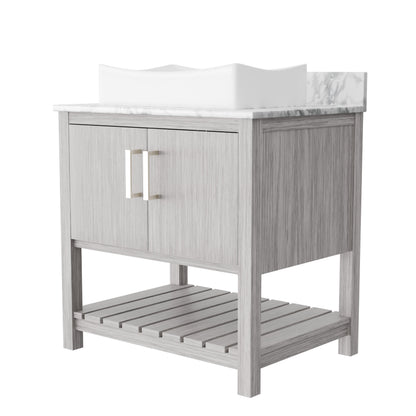 Novatto 30-inch bathroom vanity with Carrara white marble counter and sink, featuring modern design and sleek storage.