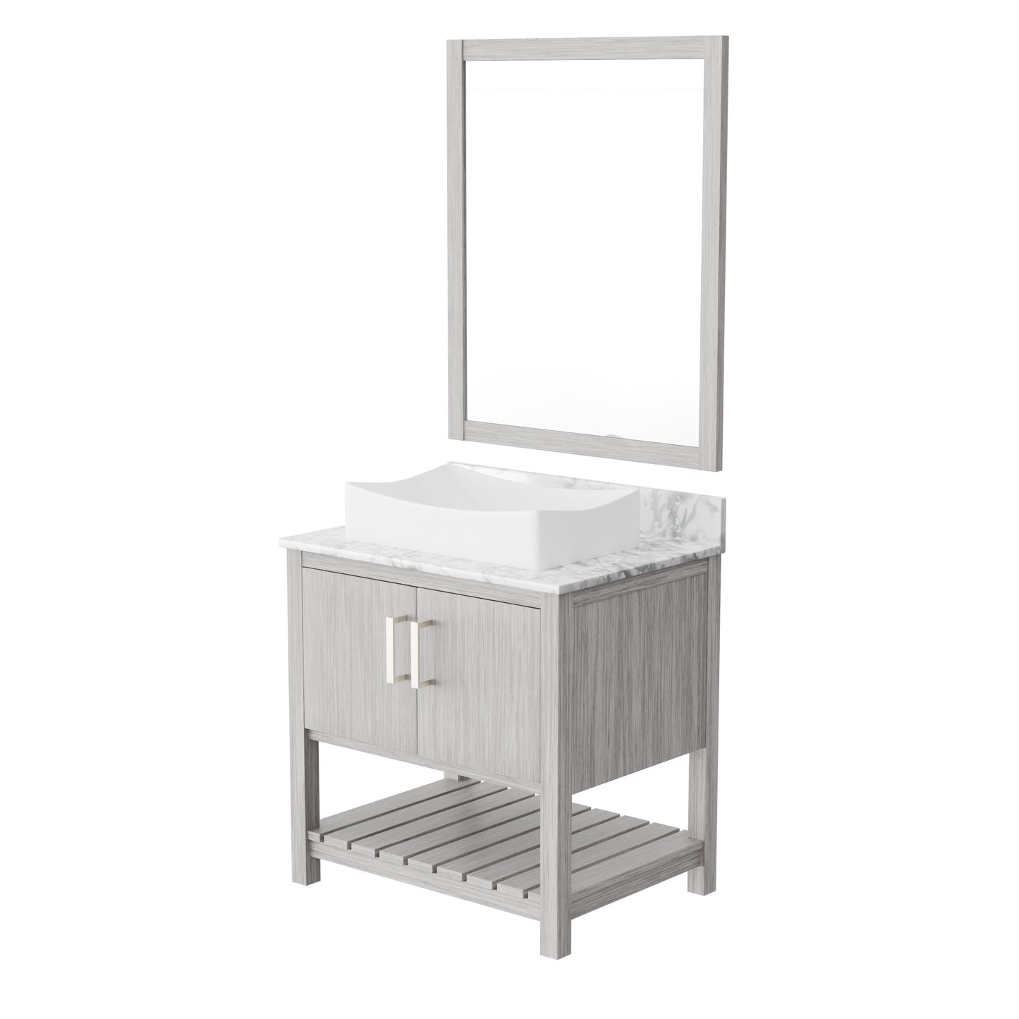 Novatto 30-inch bath vanity with Carrara white marble counter and integrated sink, modern bathroom accessory design.