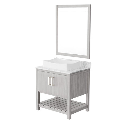 Novatto 30-inch bath vanity with Carrara white marble counter and integrated sink, modern bathroom accessory design.