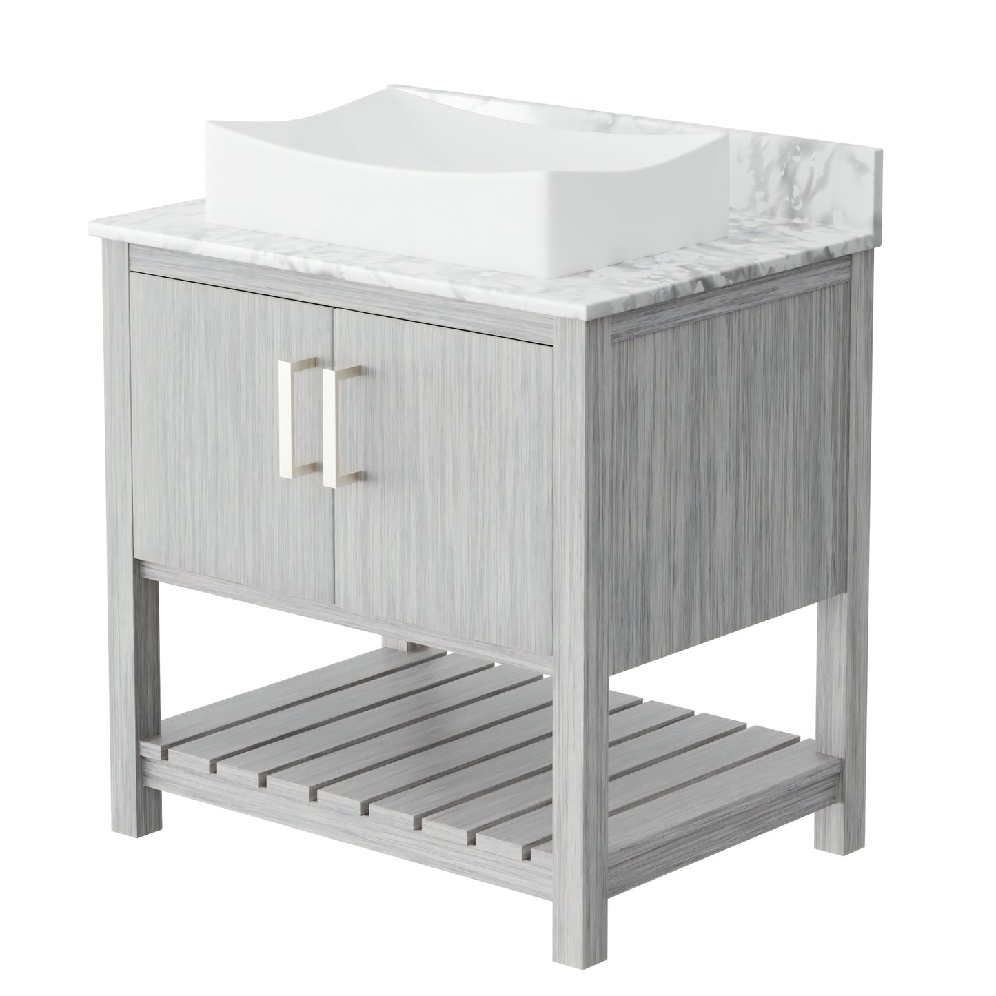 30-inch Novatto bath vanity with Carrara white marble counter and sink, featuring sleek design and modern bathroom style.