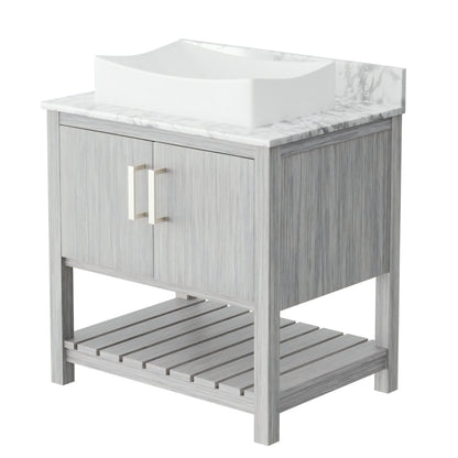 30-inch Novatto bath vanity with Carrara white marble counter and sink, featuring sleek design and modern bathroom style.