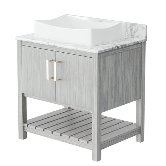 30-inch Novatto bath vanity with Carrara white marble counter and sink, featuring sleek design and modern bathroom style.