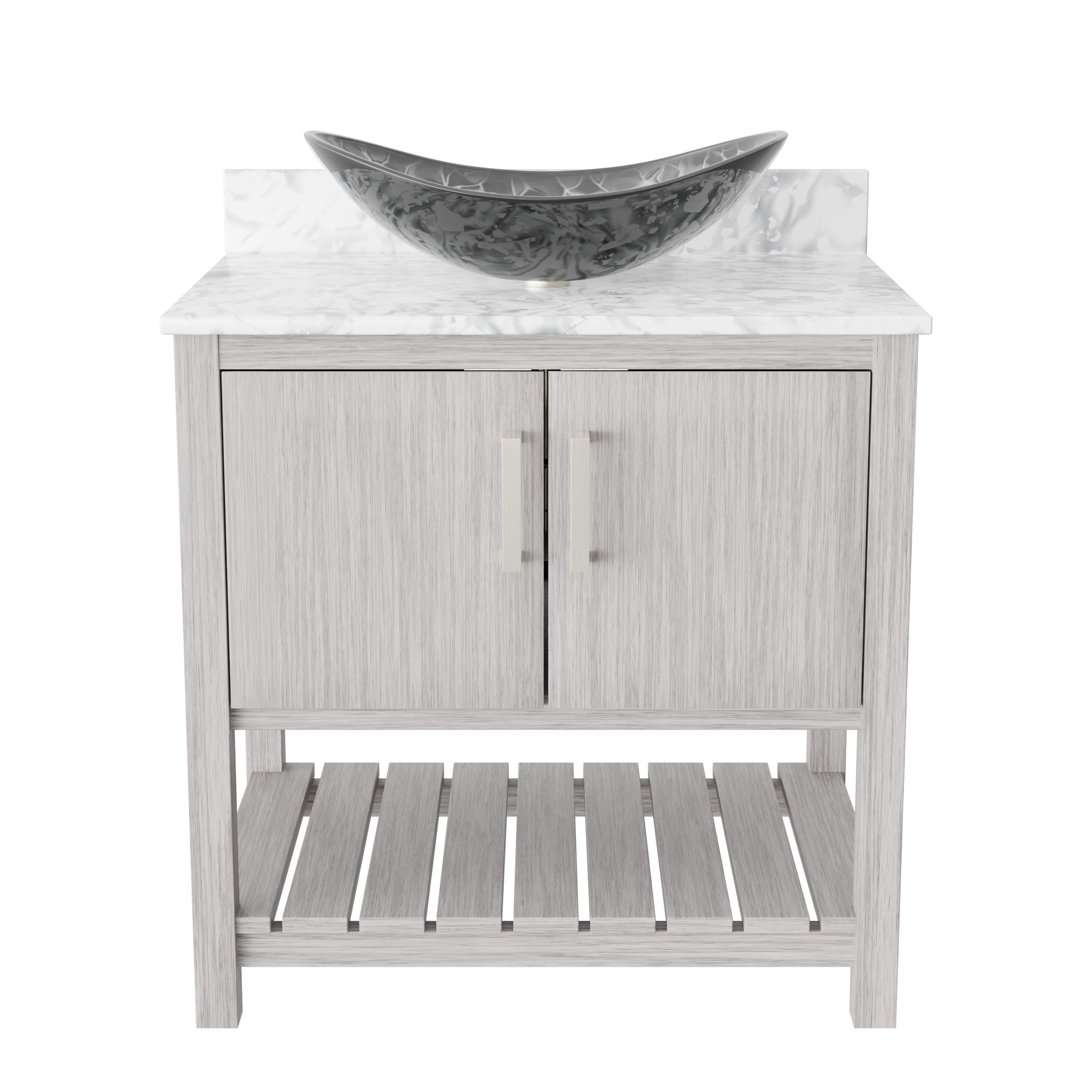 30-inch Novatto bath vanity with Carrara white marble counter and sink, showcasing sleek bathroom accessory design.