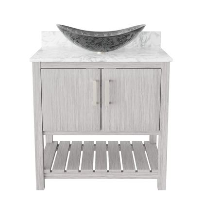 30-inch Novatto bath vanity with Carrara white marble counter and sink, showcasing sleek bathroom accessory design.