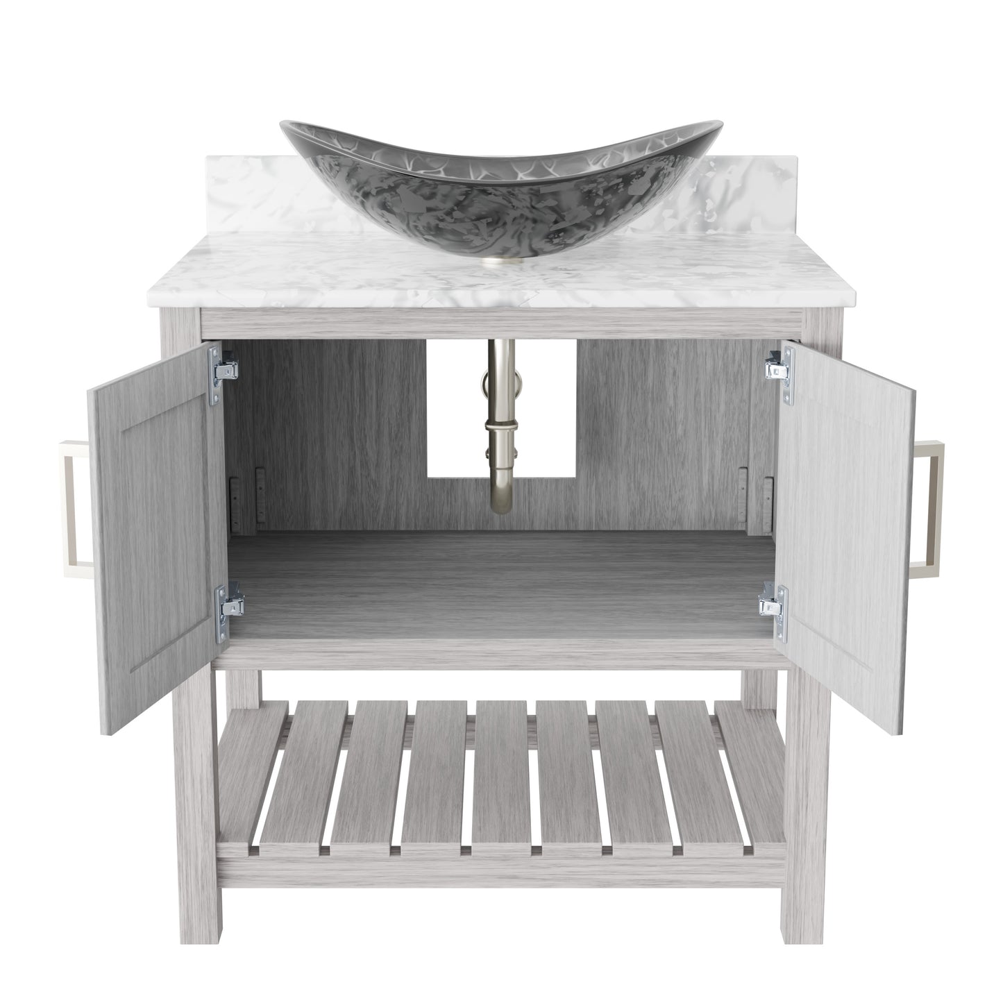 30-inch Novatto bath vanity with Carrara white marble counter and sink, showcasing elegant bathroom accessory design.
