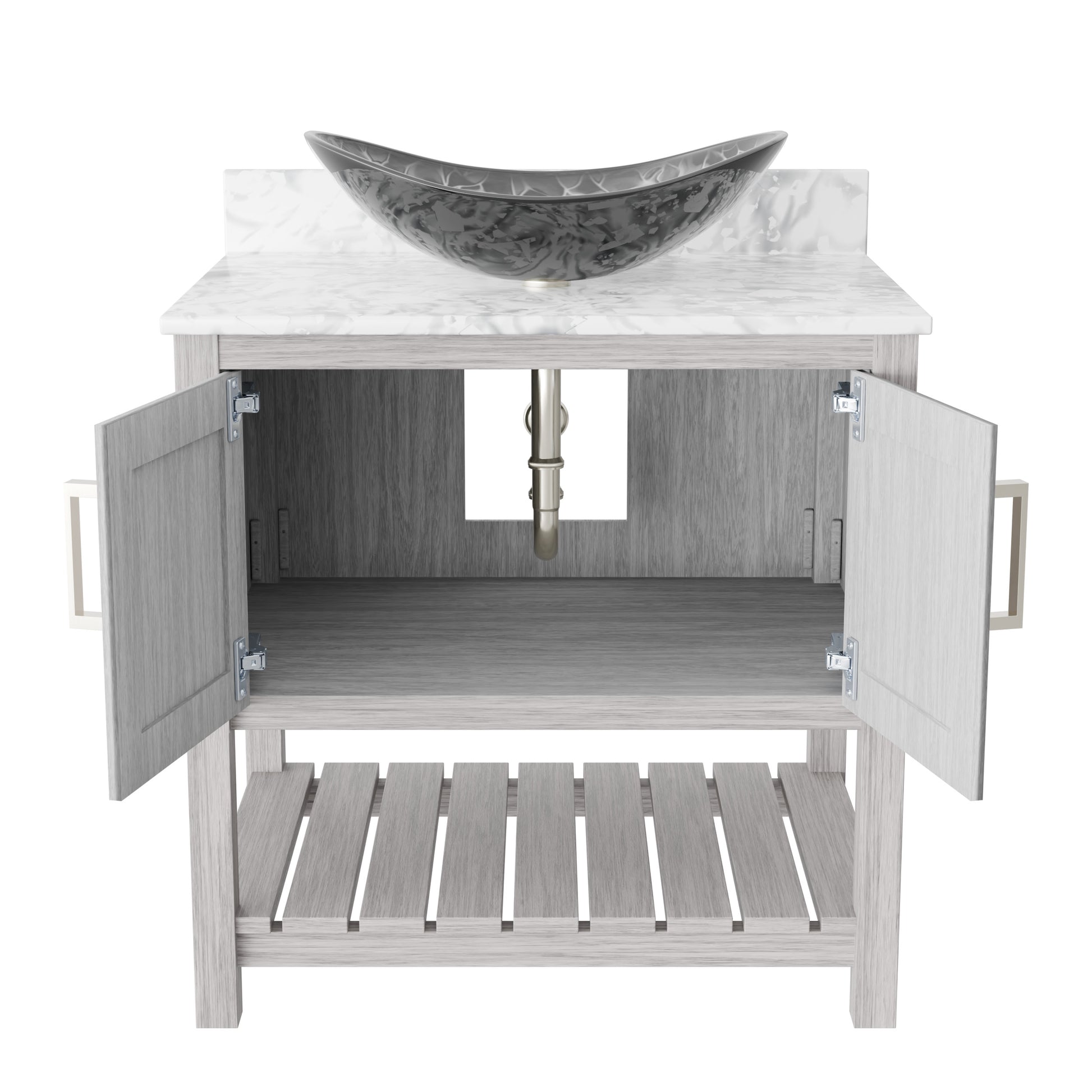 30-inch Novatto bath vanity with Carrara white marble counter and sink, showcasing elegant bathroom accessory design.