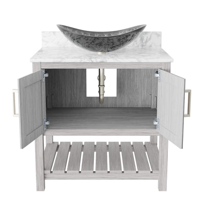 30-inch Novatto bath vanity with Carrara white marble counter and sink, showcasing elegant bathroom accessory design.