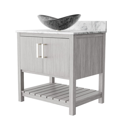 30-inch Novatto bath vanity with Carrara white marble counter and integrated sink, showcasing a modern bathroom accessory.