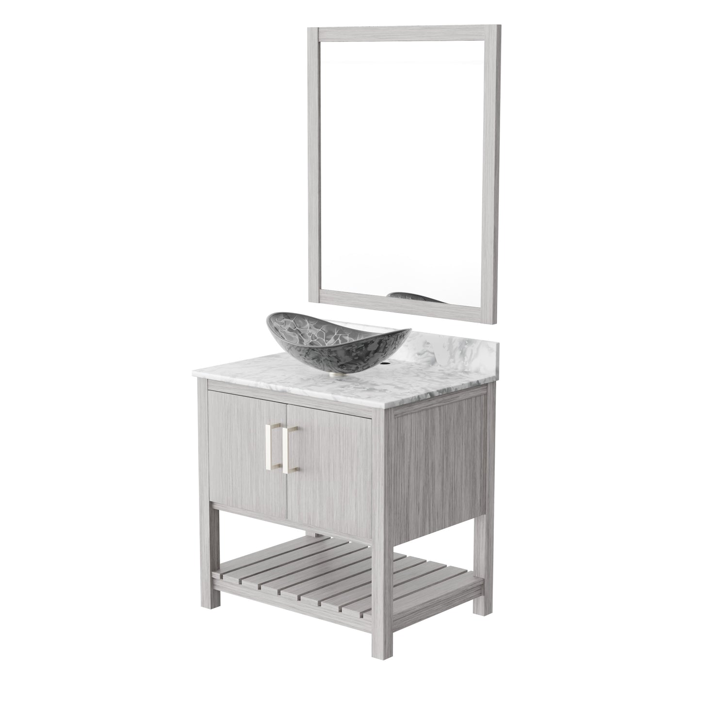 30-inch Novatto bath vanity with Carrara white marble countertop and sink, showcasing elegant bathroom accessory design.