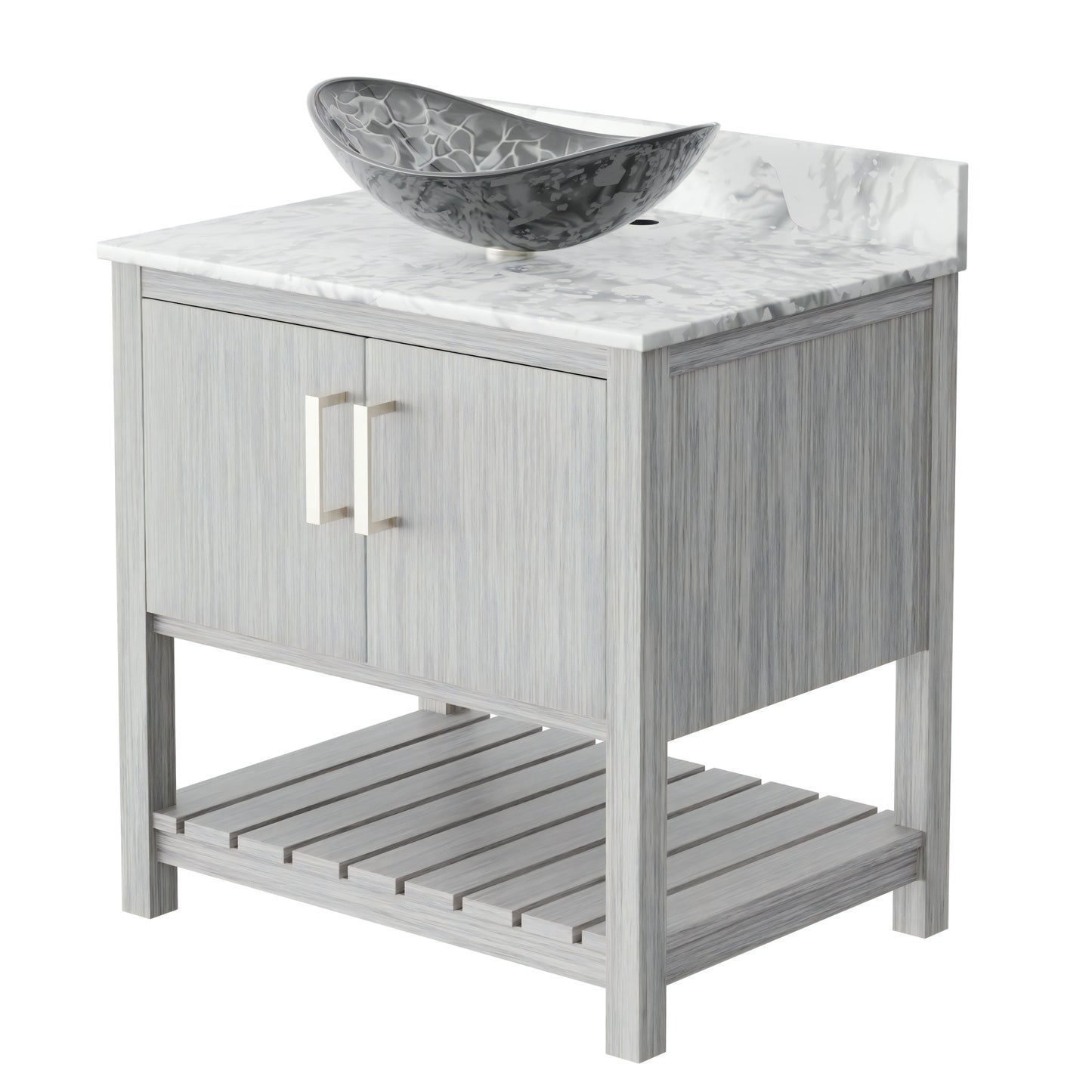 30-inch Novatto bath vanity with Carrara white marble countertop and sink, showcasing elegant bathroom accessory design.