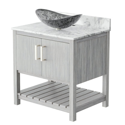 30-inch Novatto bath vanity with Carrara white marble countertop and sink, showcasing elegant bathroom accessory design.