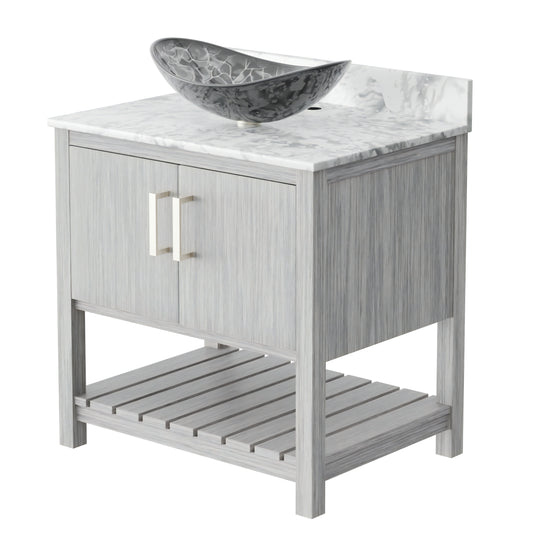 30-inch Novatto bath vanity with Carrara white marble countertop and sink, showcasing elegant bathroom accessory design.