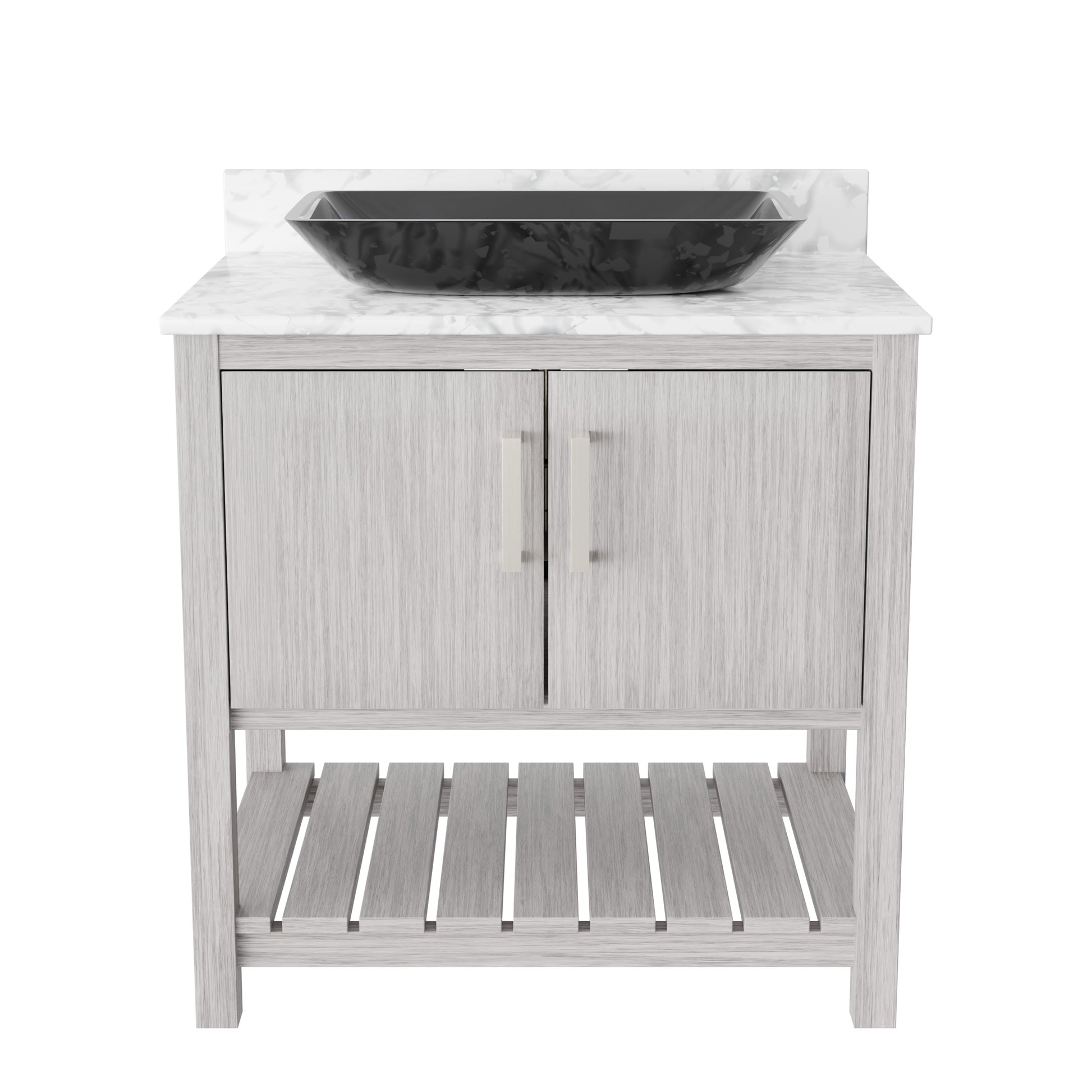 30-inch Novatto bath vanity with Carrara white marble counter and sink, showcasing elegant bathroom accessory design