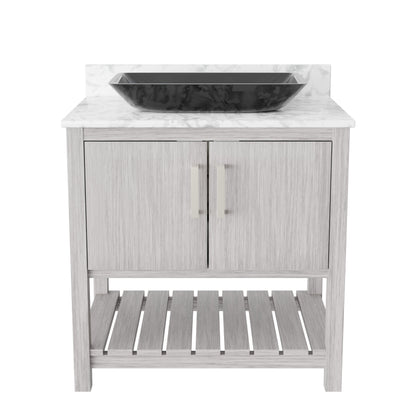30-inch Novatto bath vanity with Carrara white marble counter and sink, showcasing elegant bathroom accessory design
