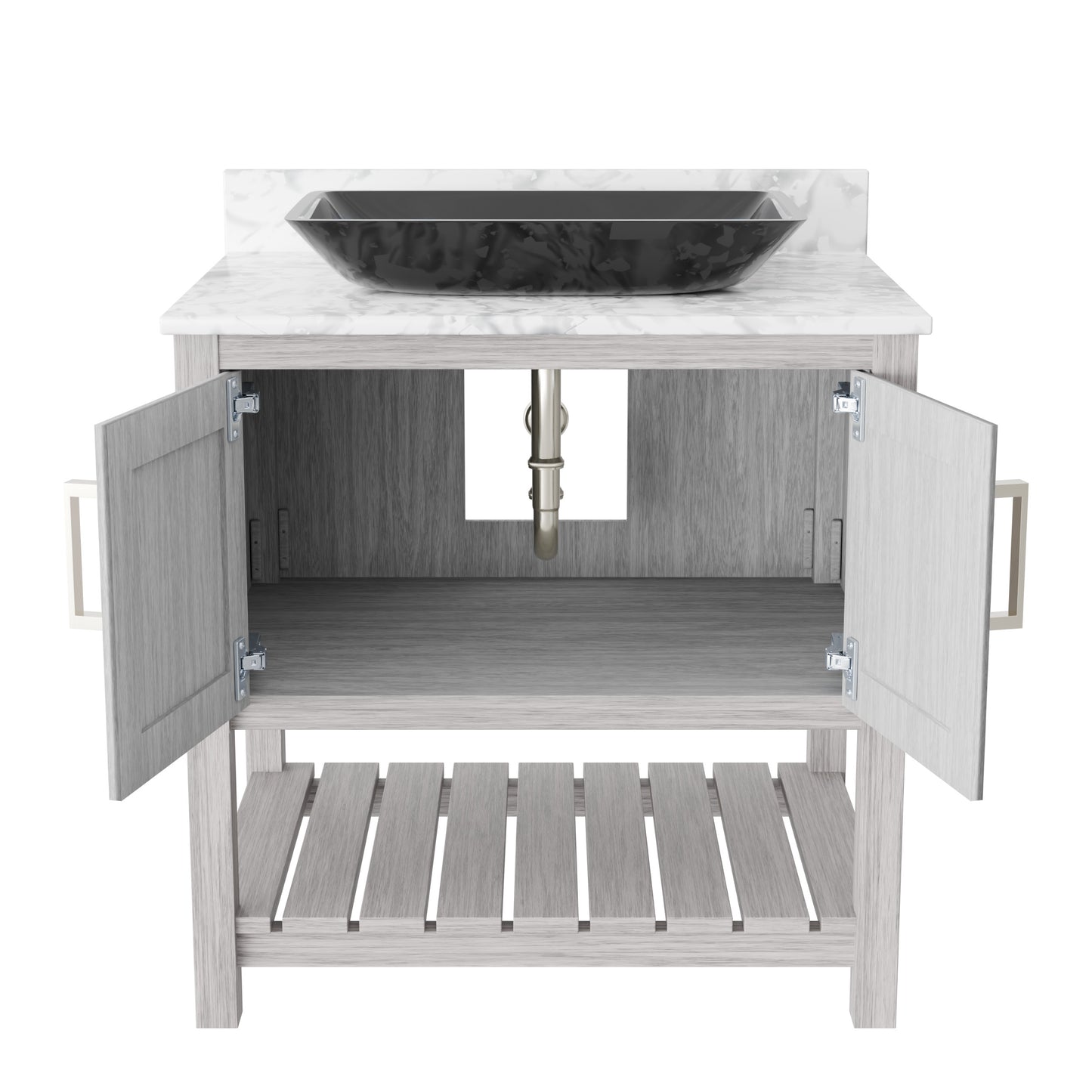 30-inch Novatto bath vanity with Carrara white marble countertop, sink, and modern accessory design.