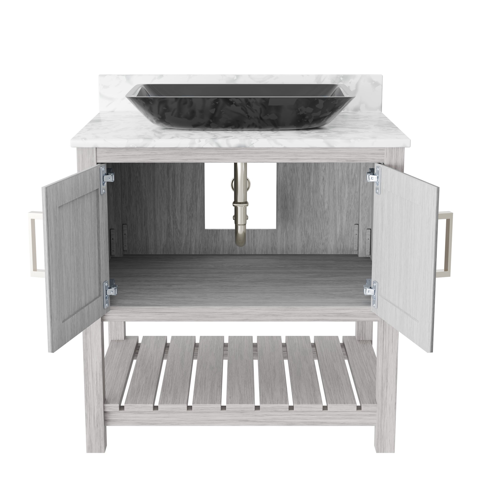 30-inch Novatto bath vanity with Carrara white marble countertop, sink, and modern accessory design.