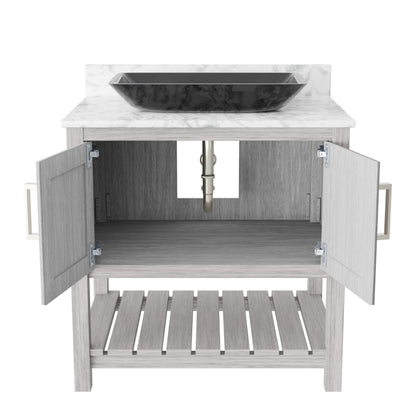 30-inch Novatto bath vanity with Carrara white marble countertop, sink, and modern accessory design.