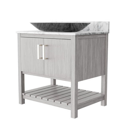 30-inch Novatto bath vanity with Carrara white marble counter and sink, showcasing elegant bathroom accessory design.