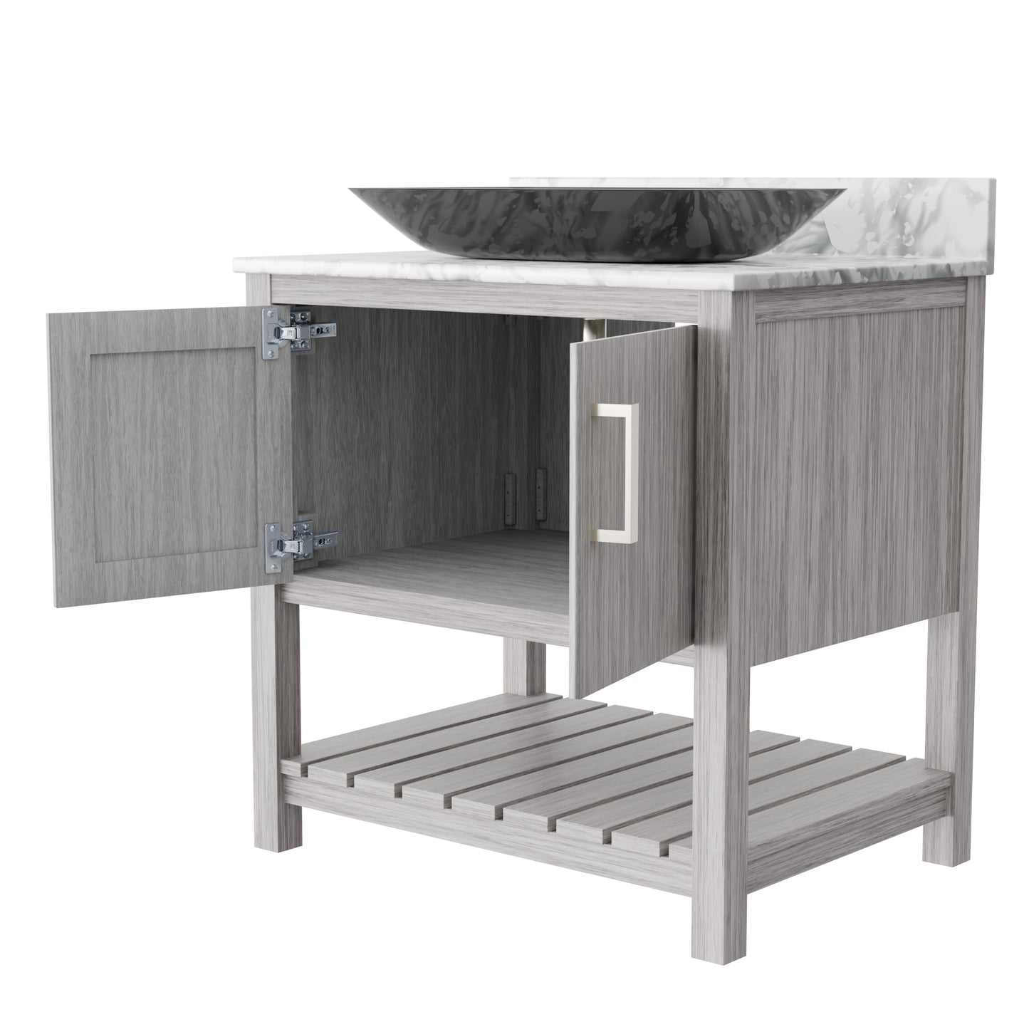 30-inch Novatto bath vanity with Carrara white marble counter and integrated sink, showcasing a sleek bathroom accessory.